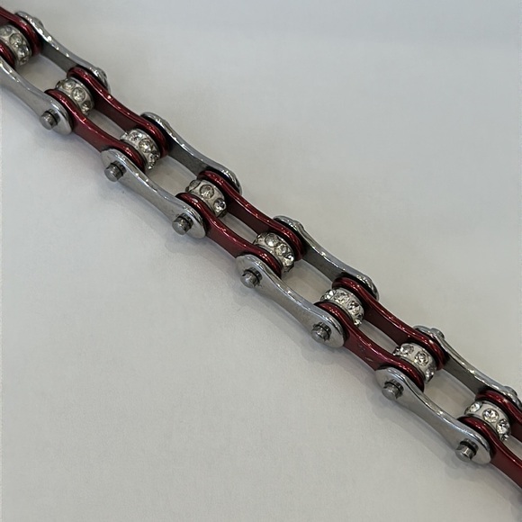 Silver and Gloss Brick Red Color Stainless Steel Bike Chain Bracelet with Stones - Picture 4 of 6